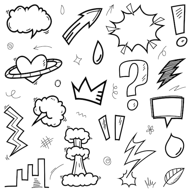 Vector vector set of handdrawn cartoony expression sign doodle curve directional arrows emoticon effects design elements cartoon character emotion symbols cute decorative brush stroke lines