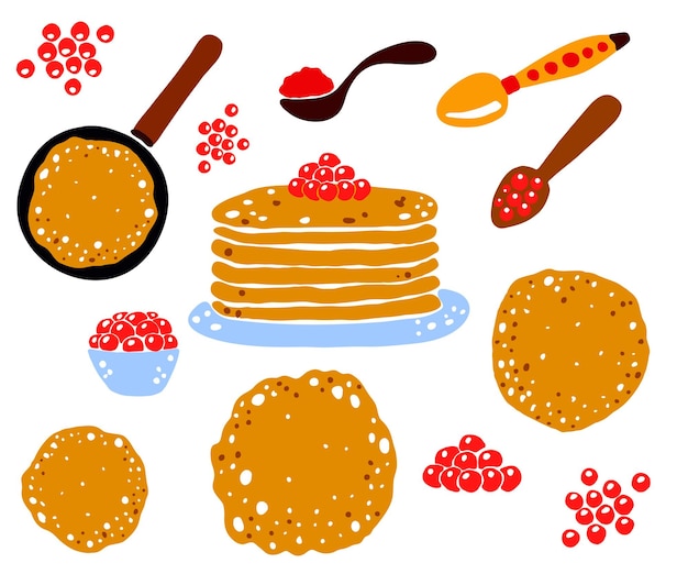 Vector set of handdrawn elements for Maslenitsapancakes and caviar