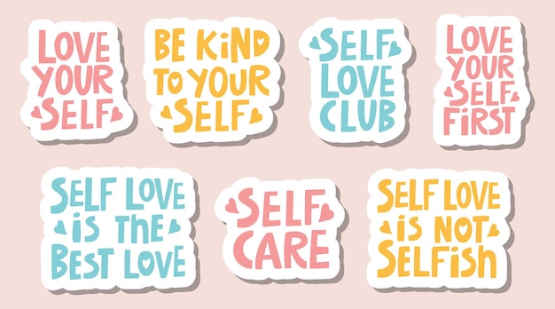 Vector set of handwritten motivating inscriptions on the theme of selflove