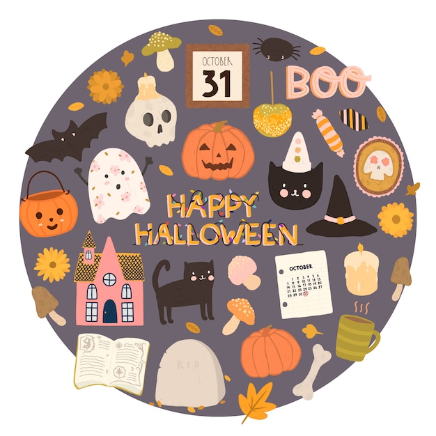 Vector Set of Happy Halloween design elements in hand drawn style