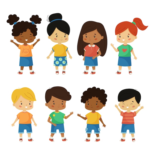 Vector set of happy kids. Cartoon kawaii children of different nationalities. Boys and girls of different races.