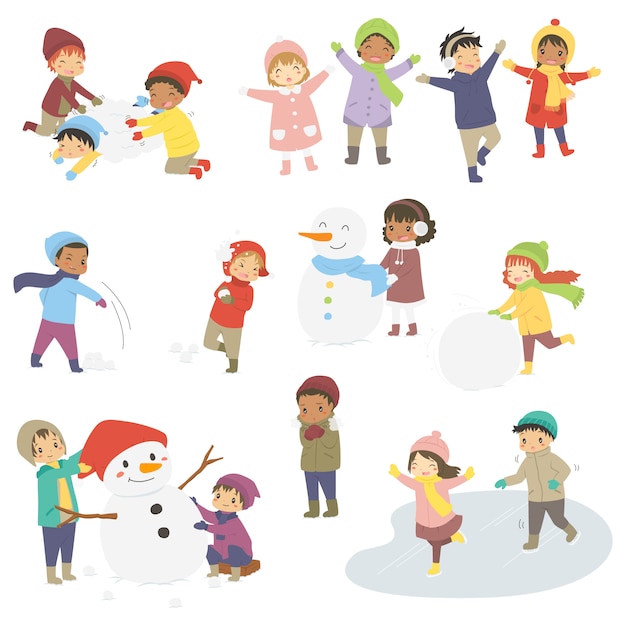 Vector set of happy kids on winter holiday.