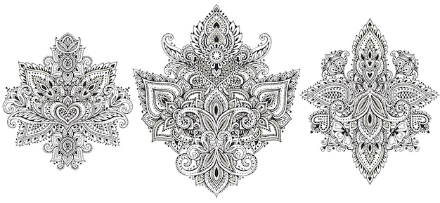 Vector set of henna floral elements based on traditional Asian ornaments. Paisley Mehndi Tattoo Doodles collection