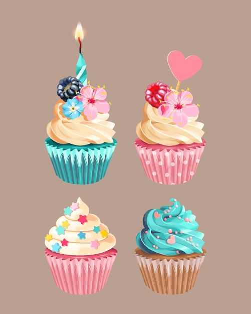 Vector set of high detailed varicolored cupcakes