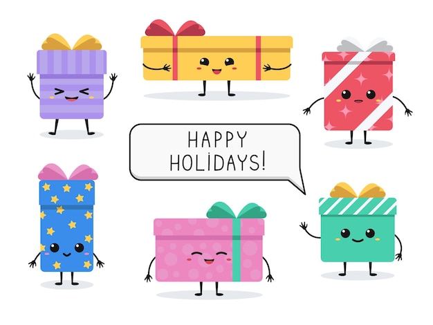 Vector set of holidays boxes with cute faces Isolated flat characters on white background