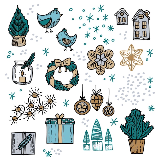 Vector set of holyday elements trees houses birds garlands balls snowflakes