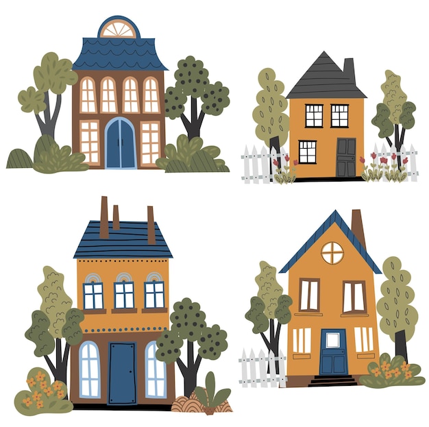 Vector set of houses in cute flat style Various bright colors and shapes of houses