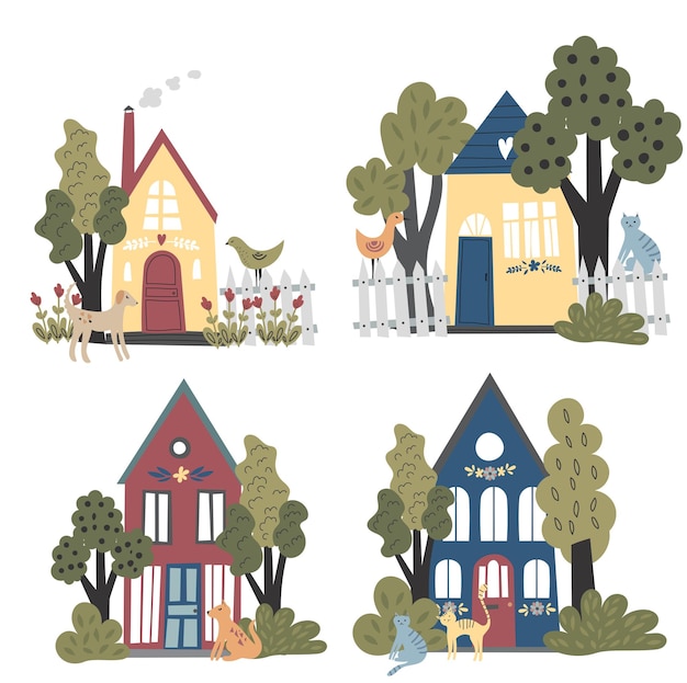 Vector set of houses in cute flat style Various bright colors and shapes of houses