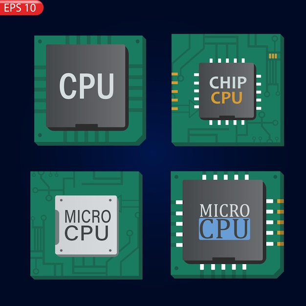 Vector set Icon of computer chips. The processor has the inscription CPU, chip, micro-chip, process