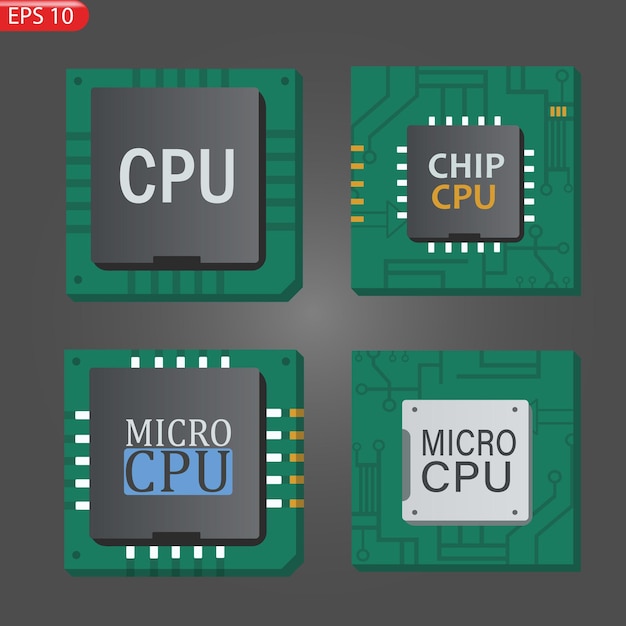 Vector set Icon of computer chips. The processor has the inscription CPU, chip, micro-chip, process