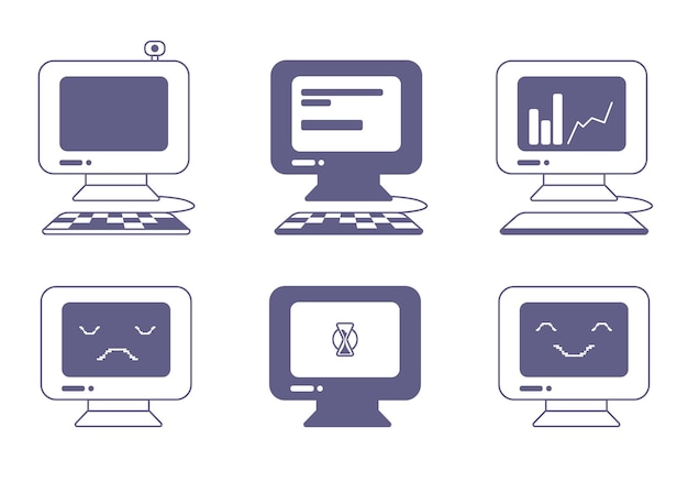 vector set of icons of computers with graphs on the screen, loading mode, simple monitor stickers