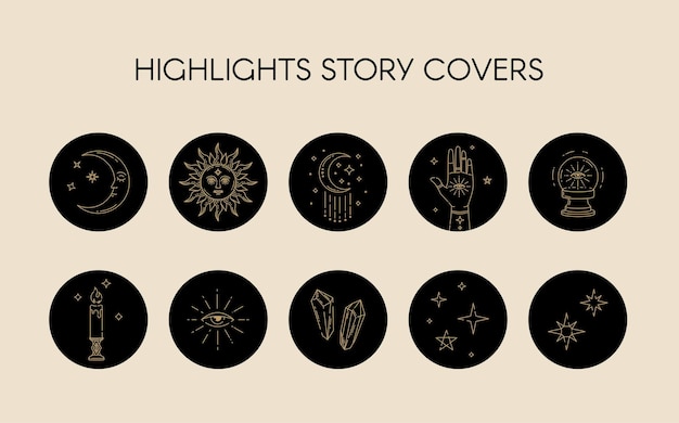 Vector set of icons and emblems for social media celestial stories highlight covers