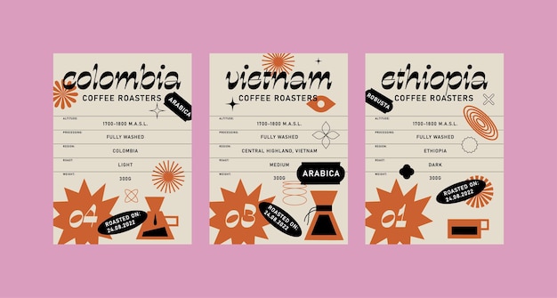 Vector set illustration design labels for coffee packages Minimalistic and modern design with coffee beans branch