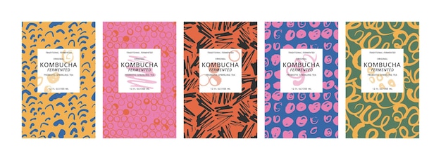 Vector set illustration design labels for kombucha with contemporary brushstroke seamless patterns