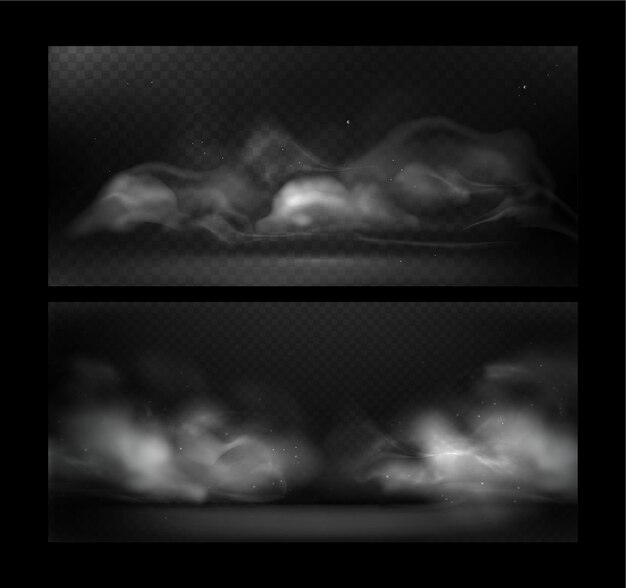 Vector set illustration of gray abstract smoke background with glowing particles Smoke effect