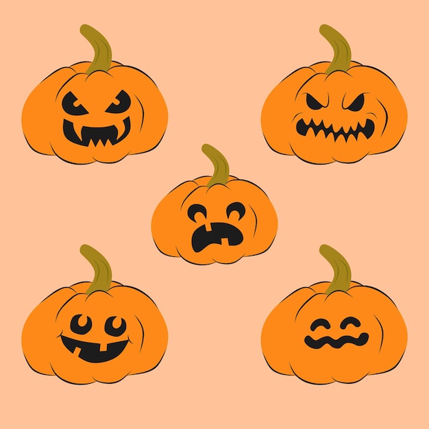 Vector set illustration of pumpkins with faces Halloween night