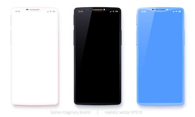 Vector set of imaginary mobile phones. Realistic smartphones with a white, black and light blue cases.