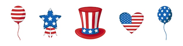 Vector set for Independence day American flag Collection with USA heart star hat and ballons USA celebration Uncle Sam's hat Stickers