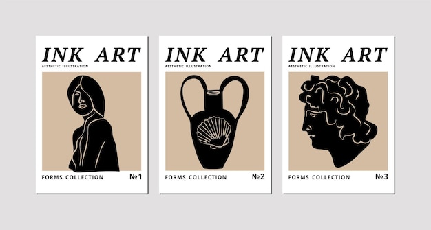 Vector set of ink contemporary art posters with silhouette of vase woman body shape and human hand sculpture