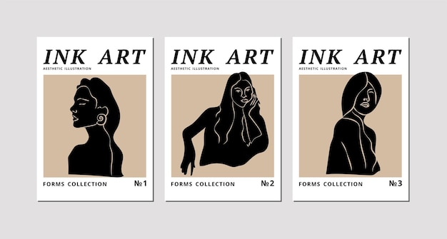 Vector set of ink contemporary art posters with silhouette of woman body shape