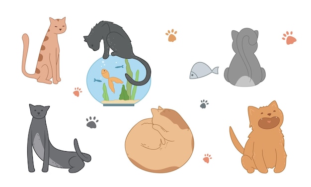 Vector set of isolated cats. illustration has animals, fish, cat paws, food, kittens