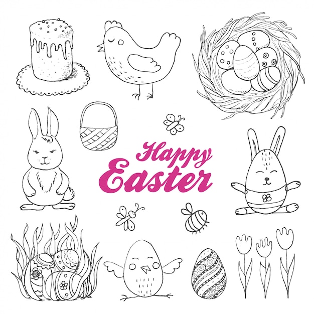 Vector set of isolated Easter eggs and twigs