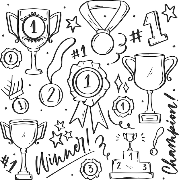 Vector set of isolated elements medals and awards with cups drawn in doodle style