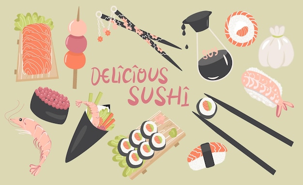 Vector set of Japanese cuisine sushi and rolls 14 illustrations