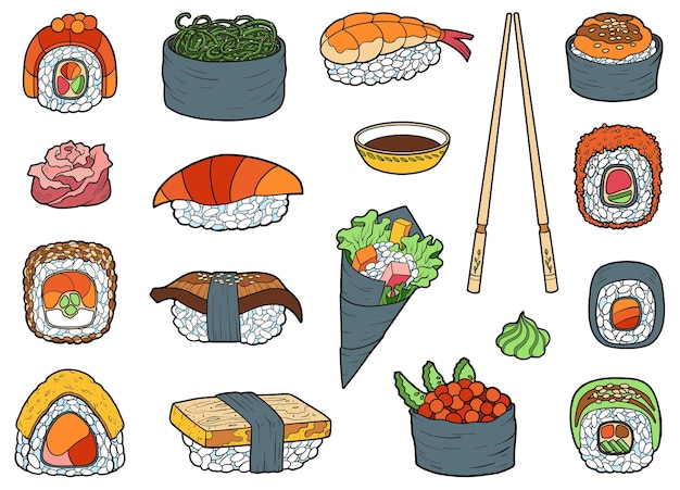 Vector set of japanese food colorful collection of cartoon sushi sashimi and rolls