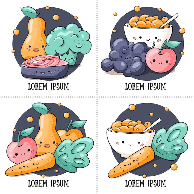 Vector set of kawaii food round stickers.