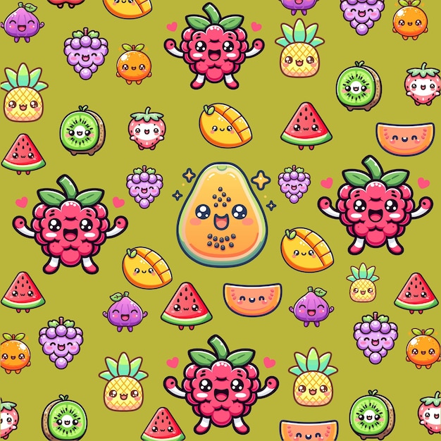 Vector set of kawaii fruit patterns