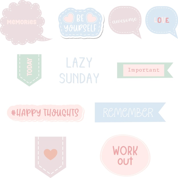 Vector set of kawaii pastel notebook tags label and stickers