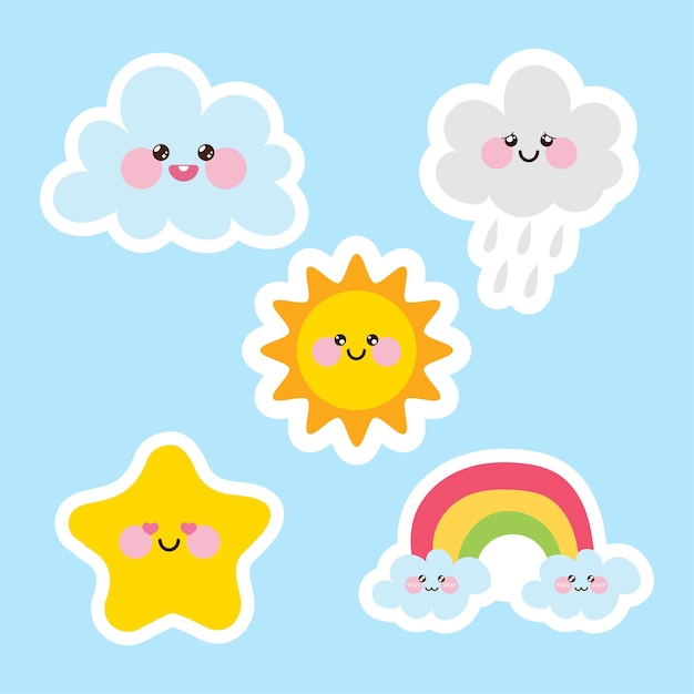 Vector set of kawaii weather elements collection Seasonal Illustrations