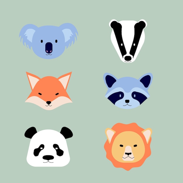 vector set for kids cute little animal faces badger, koala, fox, raccoon, panda and lion