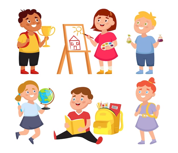 Vector set of kids school children doing different activities