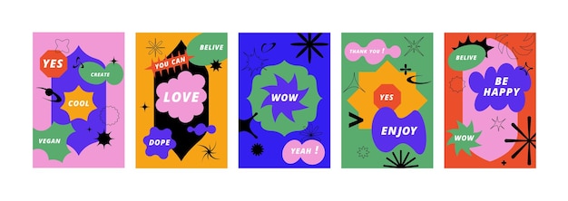 Vector set labels or stickers with positive motivational quotes Y2k style shapes for social media