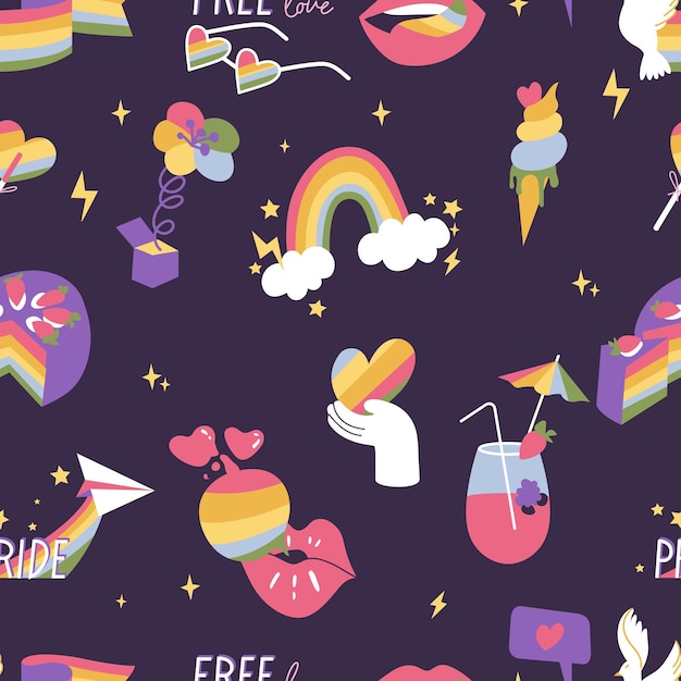 Vector set of LGBTQ community symbols and icons Seamless parten for Pride Month decorations