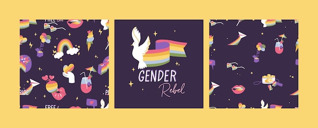 Vector set of LGBTQ community symbols and icons Seamless parten for Pride Month decorations