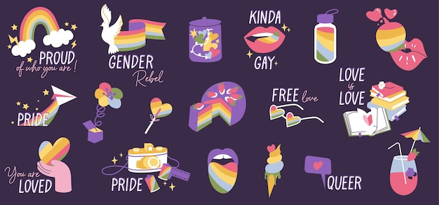 Vector set of LGBTQ community symbols and icons for stickers tshirt prints posters and Pride Month decorations