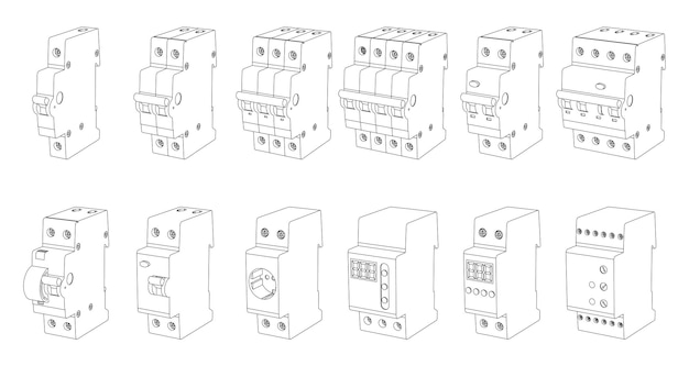 Vector set of line art switchboard elements for fuse control box - safety circuit breaker, relay, residual current circuit breaker. Perspective view