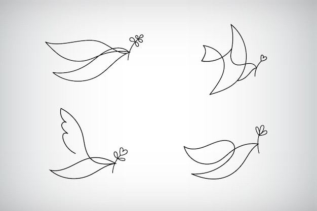 Vector set of line logo icon drawing of dove holding a branch symbol of love and piece One line minimalist pigeon