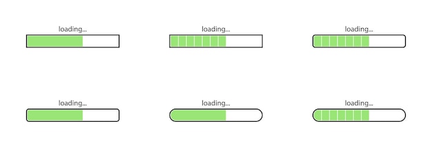 Vector set of loading icons on isolated background. Page loading, data loading. Green loading icon.