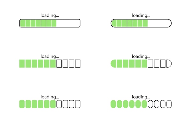 Vector set of loading icons on isolated background. Page loading, data loading. Green loading icon.