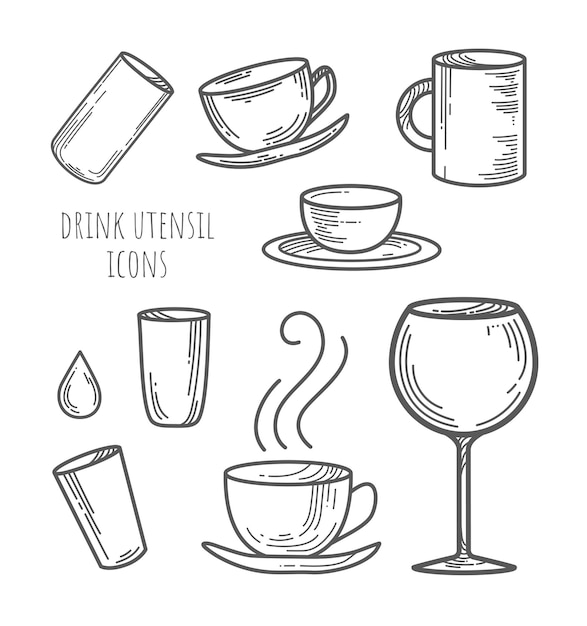 Vector set of many drink utensil icons. Coffee cups and glasses linear collection.