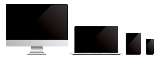 Vector set of modern technology device mockups. Personal computer, laptop, tablet, and phone, with a black screen, isolated on a white background.