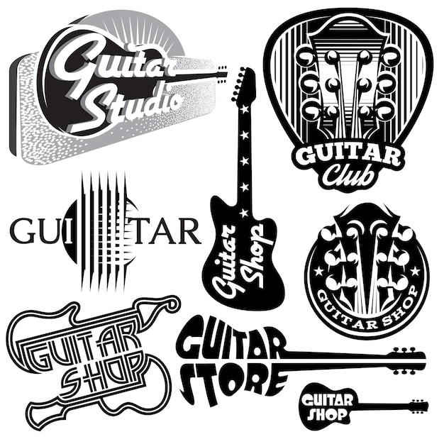 Vector set of monochrome templates for logo on the theme of music and guitar