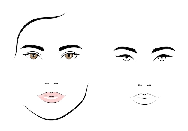 Vector set of outline abstract female face portraits frontal view isolated illustration