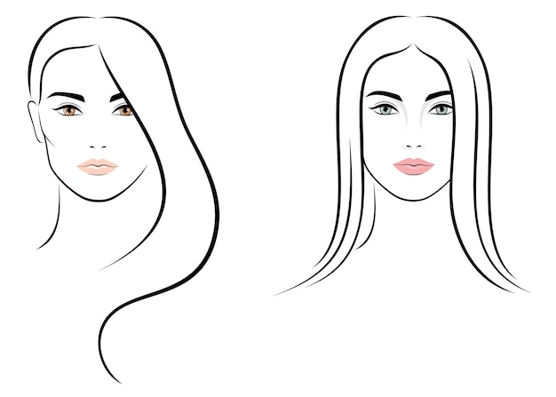 Vector set of outline abstract female face portraits frontal view isolated illustration