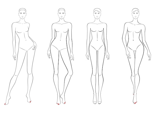 Vector set of outline women body figures in various poses template in black color isolated