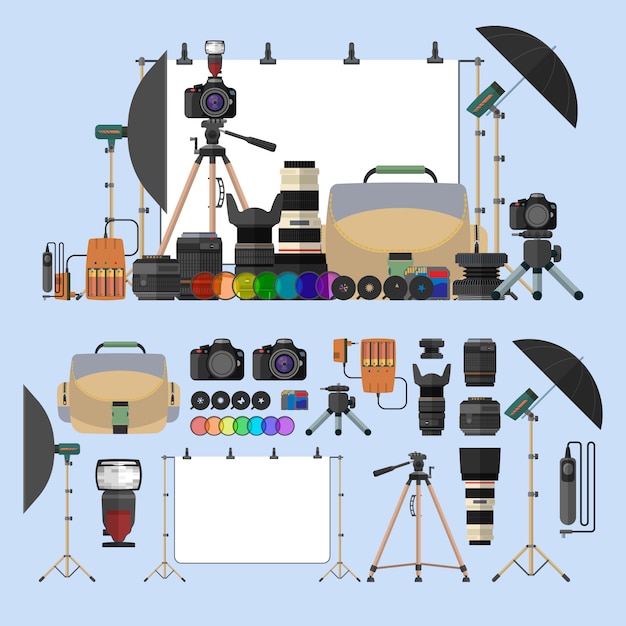 Vector set of photography isolated objects. Photo equipment design elements in flat style. Digital cameras and gadgets for professional studio photography.